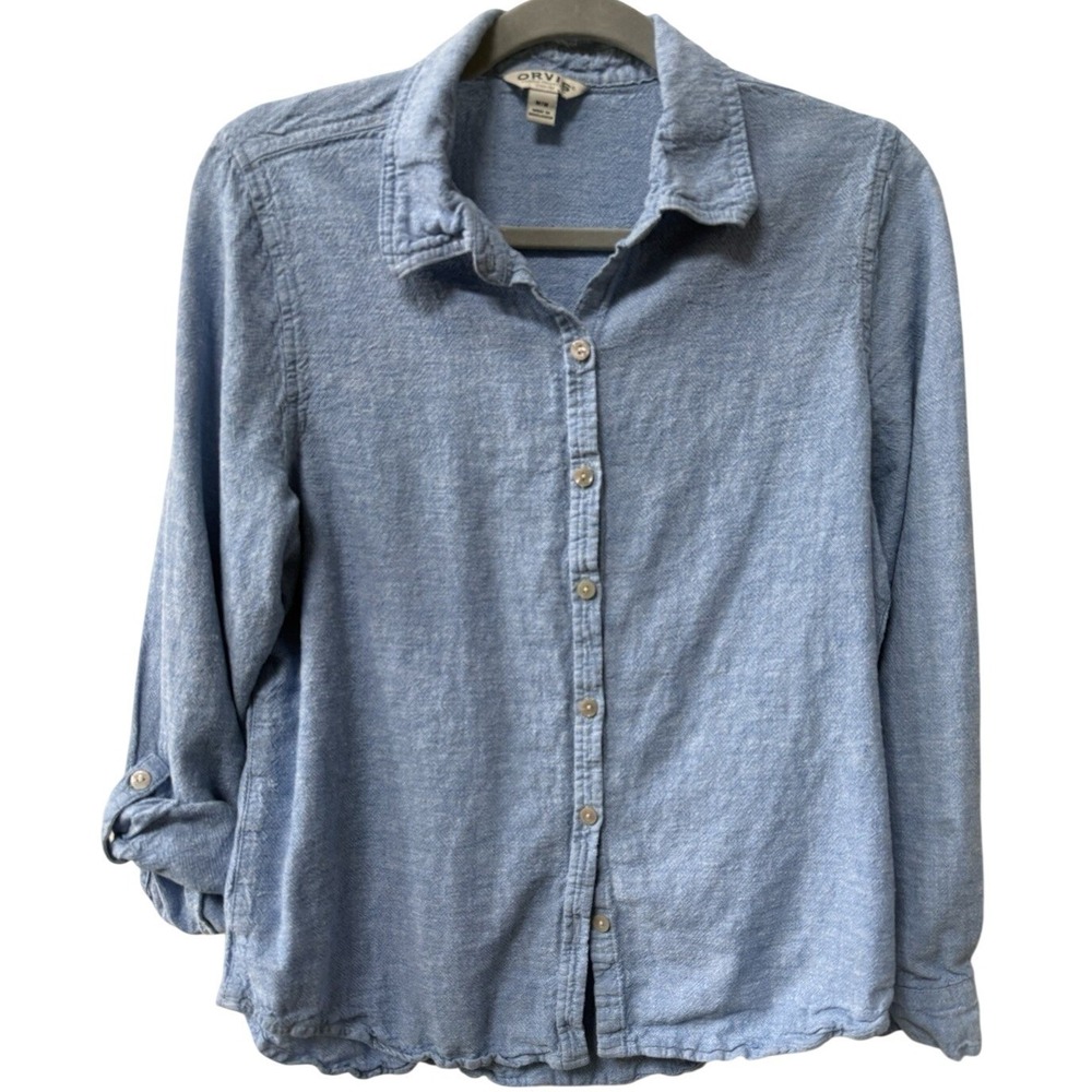Orvis Shirt Womens M Linen Blend‎ Blue Button Up Roll Tab Sleeves Casual Beachy